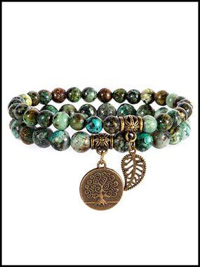 Natural Stone Chakra Crystal Stretch Bracelets Set of 2 with Tree Leaf Charm